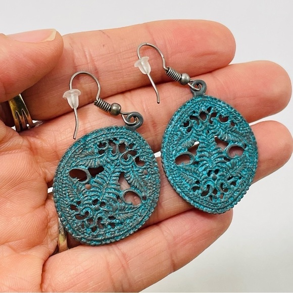 New Retro Earrings Drop Dangle Green Metal Boho Bohemian Round Big Rustic Hippie - Picture 6 of 6